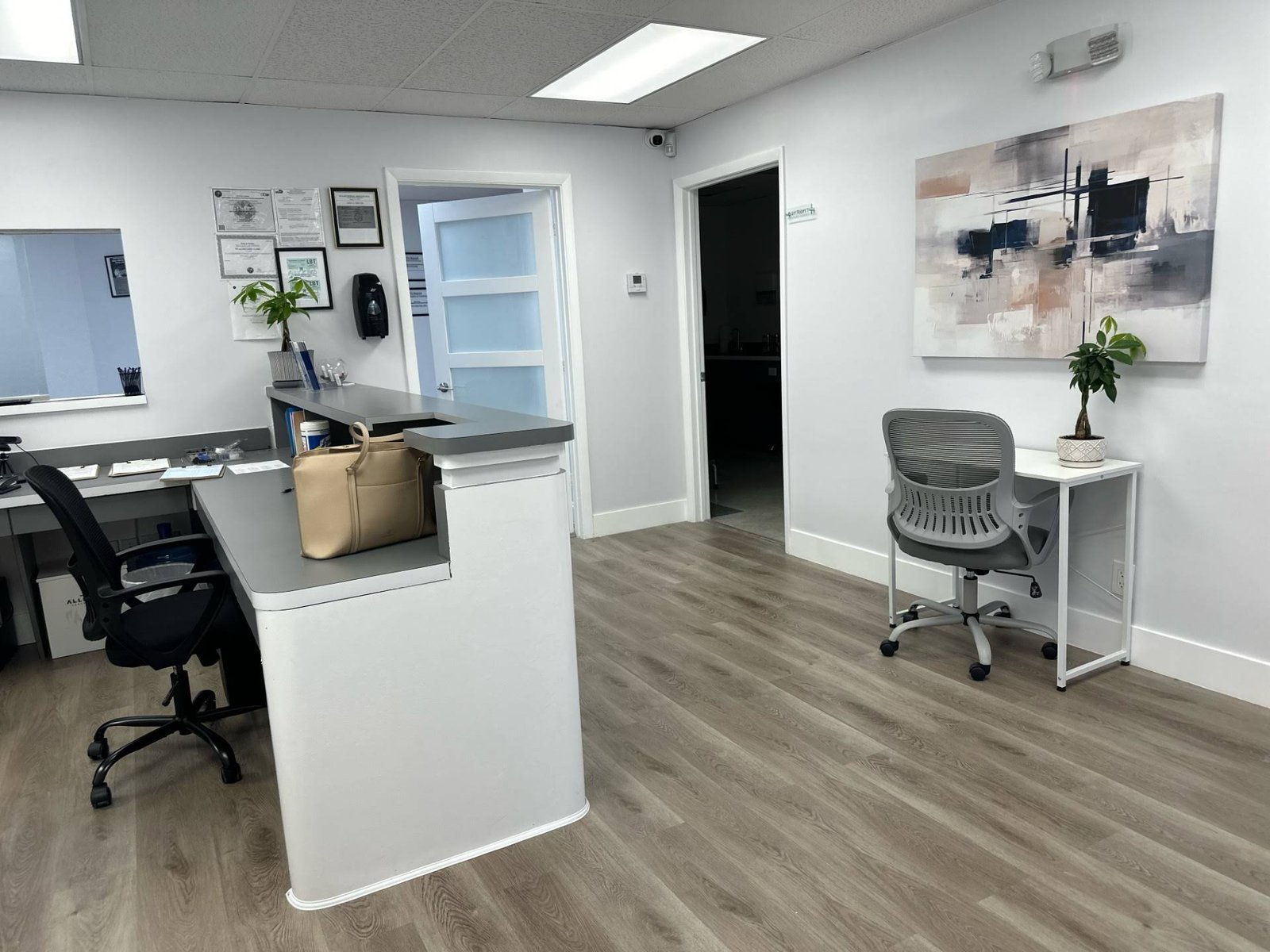 Skylake Medical reception — white front desk, warm light, hardwood floor
